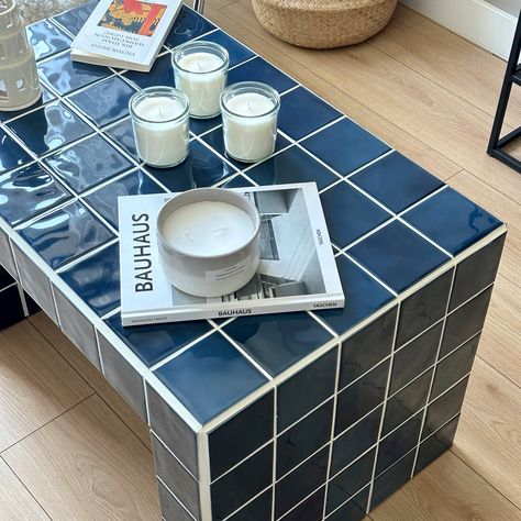 Tiled Coffee Table, Retro - Etsy Outdoor Tile Coffee Table, Green Tile Coffee Table, Coffee Table Decor Colorful, Coffee Table Scapes, Tiled Kitchen Table, Tiled Coffee Table Diy, Tile Tv Stand, Weird Coffee Tables, Diy Coffee Table Decor Ideas