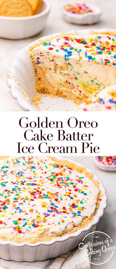 Super easy homemade cake batter ice cream is filled with chunks of Golden Oreos and then added to a Golden Oreo pie crust! This no-bake treat is perfect for the summer months, kids and adults alike love this Golden Oreo Cake Batter Ice Cream Pie Recipe! Oreo Cake Batter Easter Pie, Homemade Cake Batter Ice Cream, Golden Oreo Crust Recipes, Birthday Pie Recipes, Easter Ice Cream Ideas, Golden Oreo Ice Cream Cake, Cake Batter Desserts, Tortes Recipes Desserts, Cream Pies Recipes