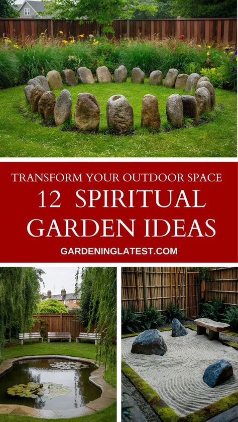 12 specially designed spiritual gardens that offer more than just beauty but will hopefully provide you with inspiration for your spiritual sanctuary—Easy to build and most;y inexpensive these designs shouldf help you find inner peace. From Zen serenity gardens with minimalist charm to lush, moonlit retreats, each garden design invites you to a personal haven of tranquility. Perfect for meditation or simply enjoying nature's embrace, these ideas will inspire you to transform your outdoor space into a soul-soothing escape. Explore each serene setting and find the perfect garden to cultivate your own space. Small Labyrinth Garden, Garden Set Up Ideas Backyards, Farm Retreat Ideas, Small Meditation Garden, Spiritual Garden Design, Labyrinth Garden Design, Grounding Garden, Forest Garden Ideas, Outdoor Meditation Garden