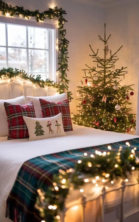 25 Christmas Bedroom Decor Ideas to Create a Holiday Sanctuary Christmas Decor Ideas Colored Lights, Traditional Christmas Bedroom, Christmas Master Bed Decor, Christmas Decor Ideas Bedroom Cozy, Christmas Guest Room Ideas, Christmas Bedroom Ideas Cozy, Christmas Decorated Bedrooms, Christmas Bed Decor, Green Christmas Bedroom