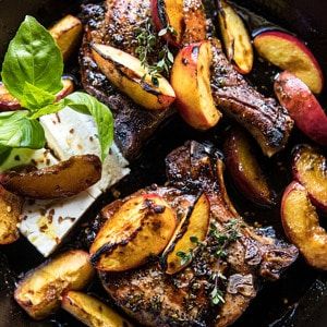 Skillet Balsamic Peach Pork Chops with Feta and Basil. Balsamic Peach, Balsamic Pork Chops, Peach Pork Chops, Recipes To Make For Dinner, Easy Skillet Dinner, Half Baked Harvest Recipes, Balsamic Pork, Easy Pork Chop Recipes, Apple Pork Chops