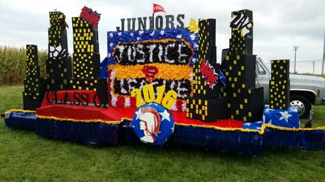 Marvel Parade Float Ideas, Avengers Parade Float Ideas, Superhero Parade Float Ideas, Super Hero Parade Float Ideas, Superhero Float Parade, Superhero Parade Floats, Superhero Christmas Parade Float, High School Parade Floats Homecoming, Homecoming Float Ideas