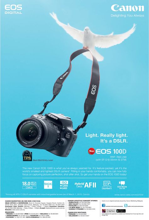 Canon 1 of 2 - "knowledge: product attribute"; With this ad Canon aims to communicate the lightness of their EOS 100D camera. This is conveyed through the imagery of a bird carrying the camera, signifying that the product is so light in weight that even a bird can fly with it. Camera Advertisement, Fall 2015, Canon Eos, Eos, Lamborghini, Canon, Electronic Products, Quick Saves