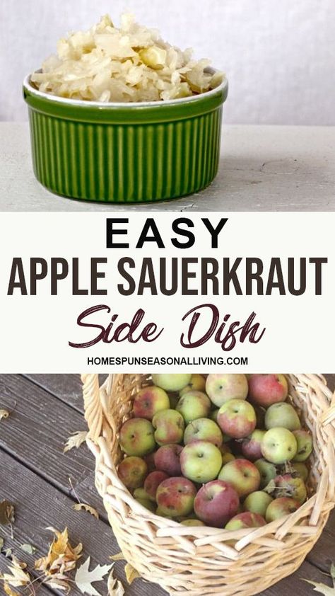 Cooking sauerkraut with apples is an old-fashioned idea that never goes out of style. This simple apple sauerkraut side dish is the perfect modern recipe that pairs well with a number of meals. Apple Sauerkraut Recipes, Sauerkraut And Apples Recipe, Sauerkraut Side Dish Recipes, Sourkrout Recipes, Sauerkraut With Apples, Cooking Sauerkraut, Easy Sauerkraut Recipe, Seasonal Recipes Fall, Persimmon Recipes