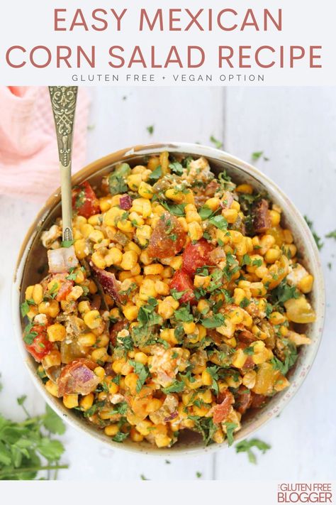 This Mexican sweetcorn salad is an easily gluten free lunch idea, BBQ side dish or healthy recipe for a salad spread or Mexican feast! Vegan option. Mexican Corn Salad Recipe, Sweet Corn Salad Recipe, Sweetcorn Salad, Gluten Free Mexican, Easy Bbq Side Dishes, Salad Recipes Gluten Free, Gluten Free Bbq, Mexican Corn Salad, Corn Salad Recipe