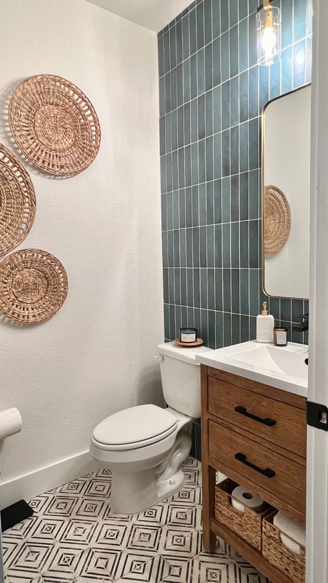 Half Bath Tile Wall, Powder Bathroom Ideas Half Baths, Modern Half Bath, Powder Room Tile, Builder Grade Bathroom, Tiny Half Bath, Small Half Bath, Room Wall Tiles, Bedrosians Tile