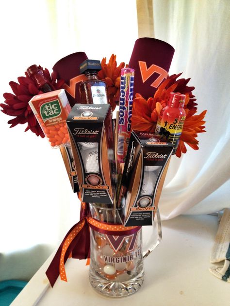 Kenny's Virginia Tech birthday "man bouquet" Man Bouquets, Booze Bouquet, Turkey Tracks, Virginia Tech Football, Man Bouquet, Birthday Man, Ice Cream Gift, Football Baby Shower, Football Crafts