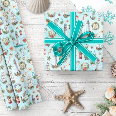 Nautical Sailing Ship Christmas Watercolor Ocean Wrapping Paper  Zazzle Berries Watercolor, Coastal Holiday, Nautical Christmas, Unique Wrapping Paper, Wrapping Paper Design, Watercolor Ocean, Vintage Wrapping Paper, Wrapping Papers, Holly Leaves