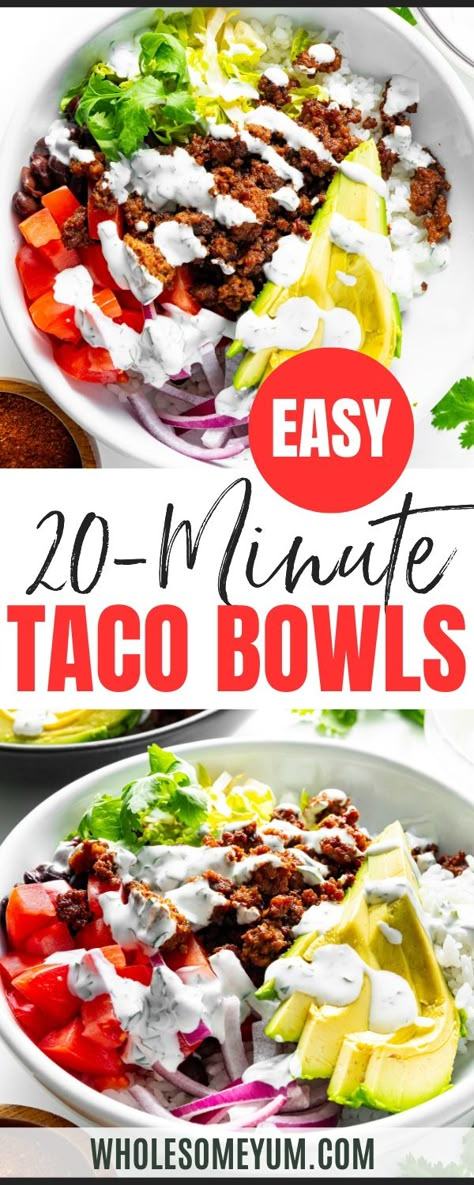 Taco BowlTaco Dip
Taco Slaw
Zucchini Taco Boats
Taco Skillet
Baked Chicken Legs
Taco Salad
Halibut Recipe
Sirloin Steak
The Best Burgers
Sauteed Zucchini
 - I’ve been on a “bowl meals” kick lately, and this taco bowl recipe is my latest one on repeat. It was my random creation when I was tired of my usual burger bowls, egg roll bowls, and salmon bowls. I had all the ingredients I needed for my taco salad, but wanted something a little more hearty. Enter taco bowls! They’re a lot like my salad ve Whole 30 Taco Bowl, Taco Bowls Healthy, Zucchini Taco Boats, Taco Slaw, Egg Roll Bowls, Creamy Cilantro Sauce, Nourish Bowls, Burger Bowls, Mom Meals