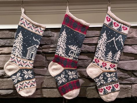 Ravelry: Into the Woods - Mountains by Darlene Swaim Stocking Inspiration, Stockings Crochet, Christmas Sweater Knit, Knitted Christmas Stocking Patterns, Holiday Knitting, Woods Cabin, Magic Crafts, Holiday Knits, Knit Christmas