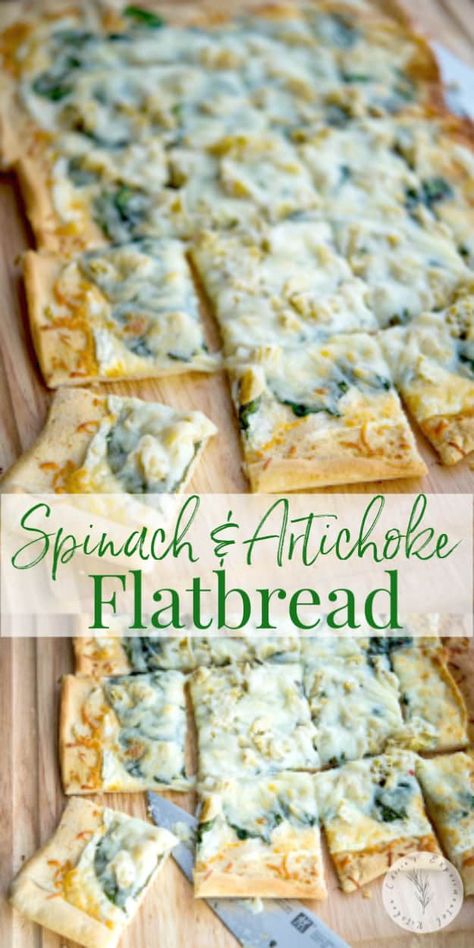 This Spinach & Artichoke Flatbread made with baby spinach, artichoke hearts and a lemony, cheese sauce is perfect for pizza night or game day snacking. #flatbread #pizza #appetizer Healthy Flatbread Recipes Clean Eating, Flat Breads Ideas Appetizers, Flat Bread Appetizers Flatbread Recipes, Flatbread Appetizers Easy, Artichoke Flatbread Pizza, Artichoke Flatbread, Flatbread Appetizers, Friendsgiving Recipes Appetizers, Vegetarian Flatbread