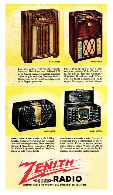 Four wonderful mid-40s Zenith radio models. #vintage #1940s #radios Old Posters, Job Offers, Vintage Appliances, Old Time Radio, Vintage Radios, Antique Radio, Old Advertisements, Old Radios, Retro Advertising