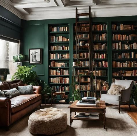 Green Library Room, Flex Room Ideas, Beautiful Home Library, Color In Interior Design, Green Bookshelves, Practical Home Decor, Green Library, Game Room Ideas, Gray Room