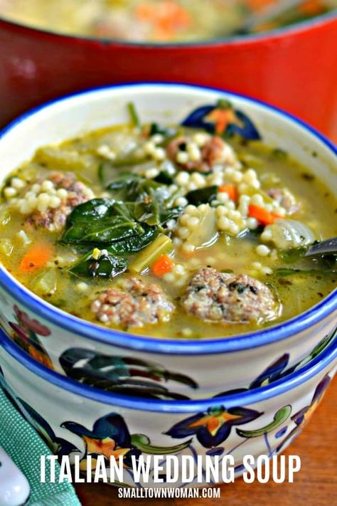 Italian Wedding Soup | Soup | Wedding Soup | Italian Wedding Soup Recipe | Authentic Italian Wedding Soup Recipe | Beef and Pork Meatball Soup | Beef and Pork Meatballs | Soup with Spinach | Acini di Pepe | Small Town Woman #soup #weddingsoup #italianweddingsoup #smalltownwoman Soup Wedding, Pork Meatball Soup, Meatballs Soup, Beef And Pork Meatballs, Wedding Soup Recipe, Italian Wedding Soup Recipe, Soup Beef, Small Town Woman, Pork Meatballs