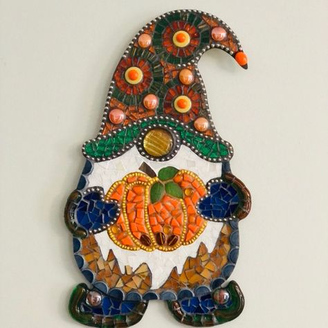 Mosaic Gnome, Halloween Mosaic, Pumpkin Wall, Mixed Media Mosaic, Halloween Gnome, Garden Gnomes, Mosaic Ideas, Handmade Mosaic, Wall Key Holder