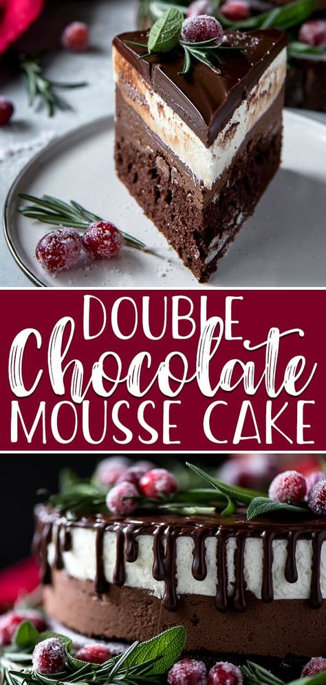 Your search for a holiday showstopper ends with this Double Chocolate Mousse Cake! Fluffy chocolate cake topped with dark and white chocolate mousse, ganache, and a festive herb wreath garnished with sugared cranberries. If the holidays are long over, fresh berries would make for an equally beautiful cake! Mousse Cake Filling, Double Chocolate Mousse, Chocolate Mousse Cake Filling, Fluffy Chocolate Cake, Herb Wreath, Mousse Cake Recipe, Mousse Cakes, Baked Dessert, Decorating Icing