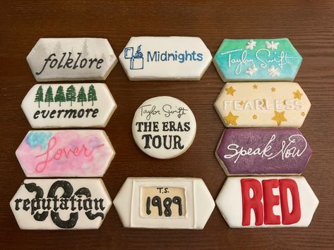 Eras Tour Cookies Decorated, Taylor Swift Album Cookies, Eras Tour Cookies, Taylor Swift Eras Cookies, Taylor Swift Birthday Cookies, Swiftie Cookies, Taylor Swift Cookies Decorated, Taylor Swift Sugar Cookies, Swiftie Sleepover