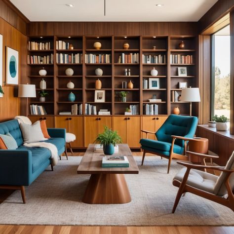 Cozy | Mid Century Modern Library Mid Century Library Bookshelves, Midcentury Library Room, Midcentury Modern Home Library, Mid Century Modern Basement Ideas, Mid Century Built In Bookshelves, Library Mid Century, Mid Century Modern Library, Mid Century Modern Study, Mid Century Home Office