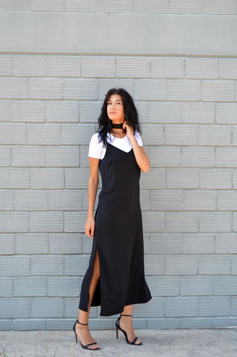 @ Dress With Tshirt, Black Maxi Dress Outfit, Plain White T Shirt, Maxi Dress Outfit, Cami Maxi Dress, Strappy Dresses, Modest Fashion Outfits, Tshirt Outfits, Straight Skirt