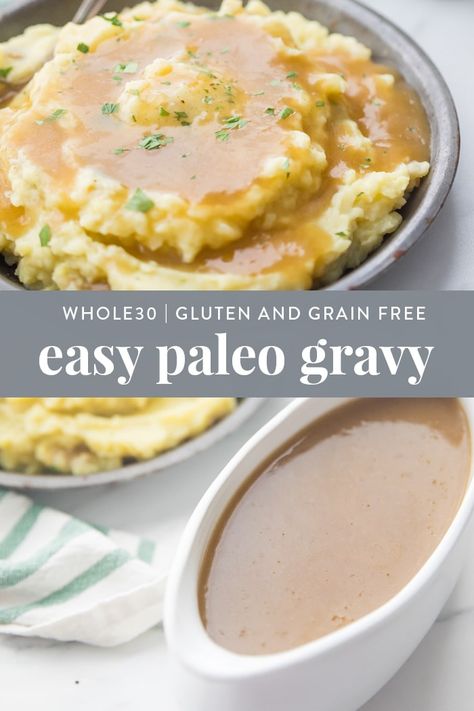 This easy Paleo Gravy recipe is so versatile and works for turkey, beef, or chicken! You would never guess this was Whole30, gluten free, grain free and dairy free! Just 5 ingredients and 5 minutes cooking time are required to make this healthy paleo gravy recipe! #gravy, #lowcarb, #easy, #paleo, #glutenfree, #grainfree, #healthy Aip Gravy Recipe, Healthy Gravy Recipe, Gluten Free Gravy Recipe, Paleo Gravy, Healthy Gravy, Paleo Thanksgiving Recipes, Paleo Christmas, Paleo Condiments, Gluten Free Gravy