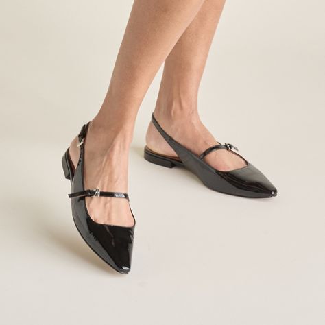 Delicate straps and a refined clipped pointed toe make this of-the-moment slingback flat simply irresistible! Classic and on-trend, black flats are a wardrobe essential and front of closet favorite for stylish women everywhere. They're comfortable, versatile, and are the perfect choice for 9-to-5 and beyond. LINEA Paolo customers also love their packability for travel and our extensive range of exclusive materials, silhouettes, and unique details. Today's featured style is CELESTE - a mini... Top Trending Shoes, Floral Flats, Simply Irresistible, Shoe Trends, Slingback Flats, Floral Shoes, Mary Jane Flats, Slingback Heel, Shoe Lover