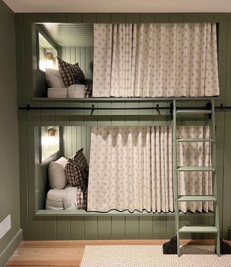 @erikampowelltextiles • Instagram photos and videos Cosy Bunk Beds, Bunk Room With Curtains, Bunk Room Curtains, Built In Bunk Beds With Curtains, Bunk Room For Small Space, Closet To Bunk Beds, Enclosed Bunk Beds, Rustic Built In Bunk Beds, Bunk Room Attic