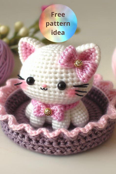 Crochet a cute Amigurumi Kitten with Bow and a ruffled basket! Follow this easy pattern for a sweet and charming result. Perfect for gifts or decor. Kitten Crochet Pattern Free, Crochet Kitten Pattern Free, Kitten With Bow, Amigurumi Free Pattern Pdf, Amigurumi Kitten, Crochet Dinosaur Patterns, Baby Cardigan Knitting Pattern Free, Cute Amigurumi, Crochet Toys Free