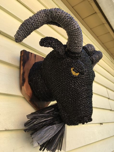 Plarn Crochet, Crochet Goat, Black Goat, Goat Head, Plastic Shopping Bags, African Flowers, Faux Taxidermy, Animal Head, Soft Sculpture