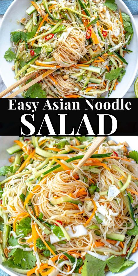 Our Asian noodle salad is an easy, refreshing, and tasty recipe inspired by sweet, zesty, and savory south-Asian flavors.The salad is typically served chilled or at room temperature. It offers a refreshing mix of textures and flavors – crunchy vegetables, tender noodles, and a tangy-sweet dressing with umami notes. Asian Cold Noodle Salad, Asian Noodle Salad Recipe, Crunchy Noodle Salad, Easy Asian Noodles, Chinese Salad, Salads Ideas, Asian Pasta, Asian Salad Recipe, Asian Salad Dressing