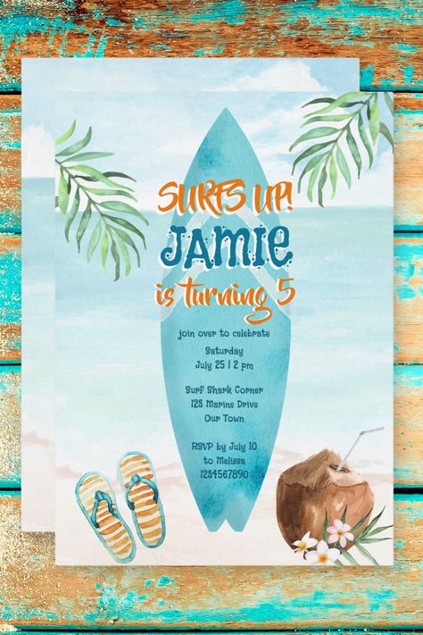 Surfing beach ocean tropical summer birthday invitation template instant download Summer Birthday Invitations, Surf Party, Ocean Tropical, Beach Birthday Party, Beach Boy, Party Trends, Surf Decor, Nautical Party, Beach Birthday