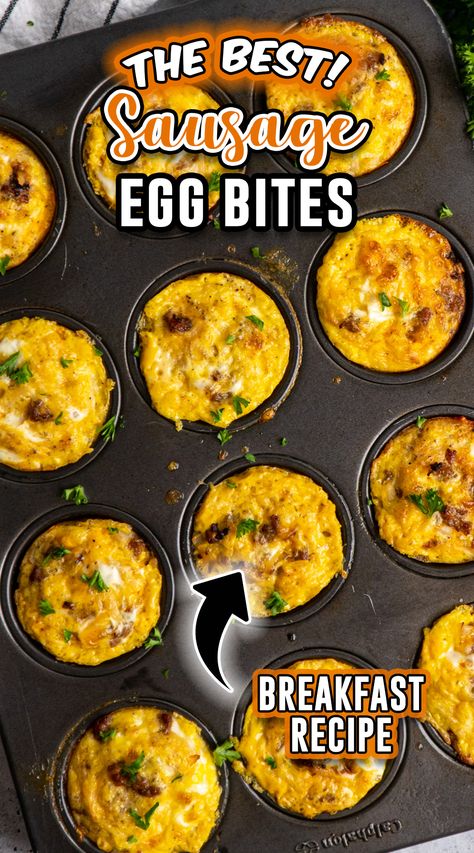 These protein-packed Sausage Egg Bites are the perfect meal prep for busy mornings.  Easy to customize with your favorite flavors, they're a delicious way to start your day. Southwest Egg Bites, Breakfast Sausage Egg Bites, Egg Bites Sausage Cheese, Easy Breakfast Egg Bites, Sausage Egg Cheese Bites, Easy Egg Cups Breakfast, Egg And Sausage Bites, Egg Bites With Sausage, Egg Sausage Bites