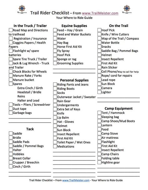 Packing for a trail ride or a horse camping trip? This Check List may help! TrailRideChecklist  I used to think that packing for a ride or a horse camping trip… Horse Camping, Camping Bedarf, Trail Ride, Horse Camp, Horse Trail, Camping List, Horse Tips, Horse Trailers, Horse Health