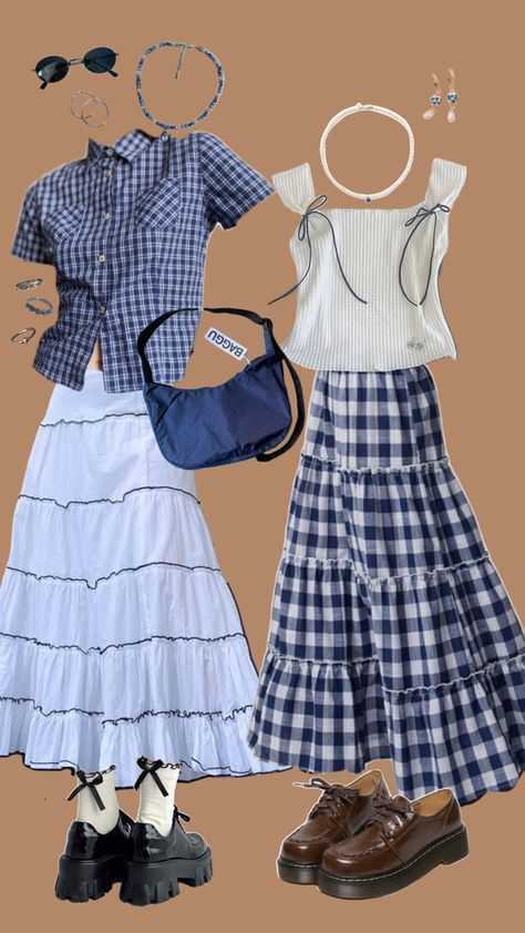 wlw blue and white checkered outfits skirts bows Checkered Skirt Outfit, Italy Summer Outfits, Checkered Outfit, Outfits Skirts, Couple Fits, Checkered Skirt, Italy Summer, Blue Checkered, Date Outfits