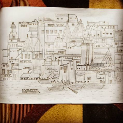 Pencil sketch of Varanasi ghats... amateur art Banaras Ghat Painting, Ghat Painting, Varanasi Ghat, Diy Bead Embroidery, Canvas Paint, National Symbols, Abstract Art Painting Diy, Sketches Simple, Creative Painting