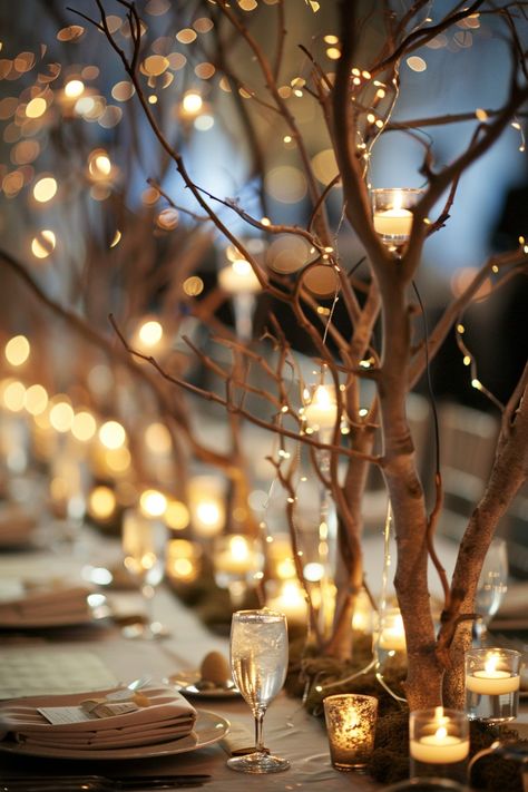 Transform your wedding tables into a woodland fantasy! Fallen tree branches rise like sculptures, entwined with fresh moss and the delicate sparkle of LED lights. Perfect for couples seeking that magical, natural touch 🌿✨. #WeddingInspiration #DIYWedding #RusticWedding #WeddingDecor #NaturalWedding #EcoFriendlyWedding #WeddingTableDecor #WeddingCenterpiece River Rock Wedding Decor, Earthy Centerpieces Wedding, Woodsy Wedding Centerpieces, Branch Table Decor, Woodland Centerpiece Ideas, Forest Wedding Table, Tree Centerpieces Wedding, Diy Branch Centerpieces, Twig Centerpieces