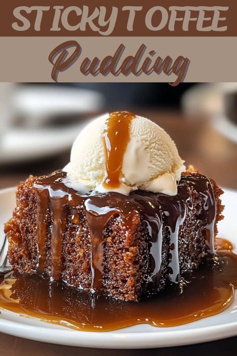 Indulge in traditional sticky toffee pudding—a rich, date-infused cake soaked in warm toffee sauce. It's perfect with whipped cream, ice cream, or custard. Carrot Cake Pudding, Date Cakes, Toffee Pudding Cake, Sticky Toffee Pudding Cake, Toffee Popcorn, English Desserts, Sticky Date Pudding, Date Pudding, Cake Pudding