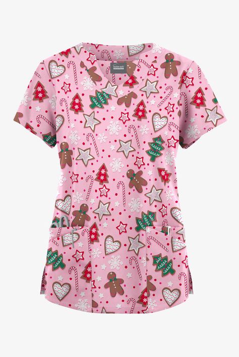 Butter-Soft Originals Baking For Santa Blush Women's 6-Pocket Scallop Neck Printed Scrub Top, Christmas Scrubs Christmas Scrub Tops, Fun Scrubs, Scallop Neckline, Healing Hands Scrubs, Christmas Scrubs, Lauren Asher, Cute Scrubs, Dream Jobs, Scalloped Neckline