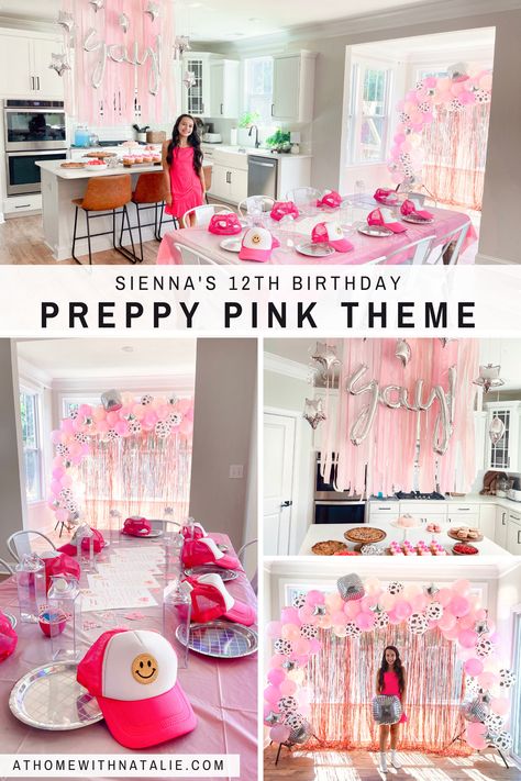 Preppy Pink Party Theme! Middle school party theme with a fun photo backdrop and dessert table! Basics needed: cow print, dresses, disco balls, PINK, smiley face hats, stickers, water bottles and pink cowgirl hats(on cupcakes). Pink Themed Birthday Party Preppy, Preppy Party Table, Party In Pink Ideas, Disco Smiley Birthday, Preppy Party Food Table, Pink Birthday Party Preppy, Smiley Face Cowgirl Birthday Party, Preppy Birthday Party Table, Pink Preppy Birthday Party Ideas