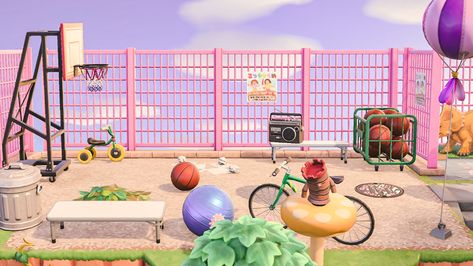 Animal Crossing Skatepark, Basketball Animal Crossing, Basketball Court Animal Crossing, Acnh Basketball Court, Animal Crossing Basketball Court, Acnh Basketball Court Design, Acnh Volleyball Court, Acnh Fair, Kidcore Animal Crossing