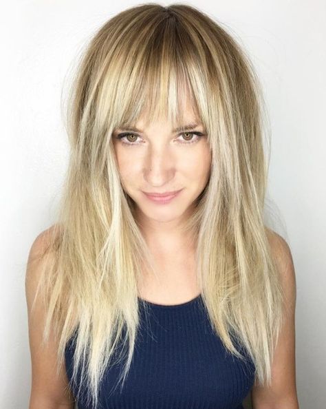 Voluminous Blonde Poker-Straight Shag Fine Hair With Fringe, Hairstyles For Long Fine Hair, Straight Shag, Full Bangs Long Hair, Balayage Bangs, Hair With Fringe, Long Hair Straight, Short Hairdo, Balayage Hair Blonde Medium