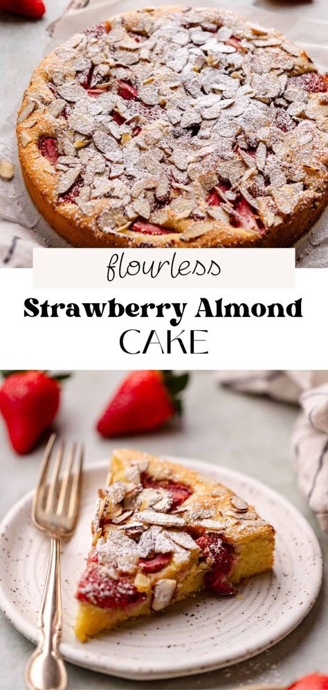 This strawberry almond cake is a gluten free, flourless cake that is perfect for Spring and Summer. It also doesn't have leaveners, making it perfect for Passover! It's made with local fresh strawberries that pair perfectly with almond flour and almond extract. It has a sweet yet tart flavor and comes together in under 40 minutes! Gluten Free Spring Dessert Recipes, Gf Spring Desserts, Almond Strawberry Cake, Almond Flower Cake, Almond Flour Strawberry Cake, Strawberry Cake Gluten Free, Almond Flour Birthday Cake, Strawberry Baked Goods, Gluten Free Strawberry Dessert