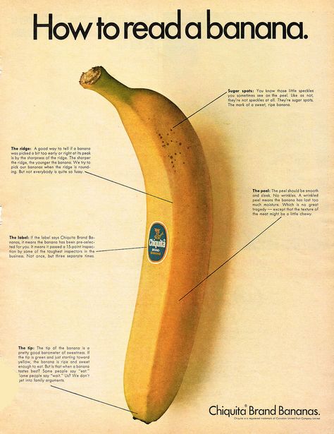 How To Read A Banana-Vintage Banana Illustration, 1960s Food, Banana Party, Chiquita Banana, Sage Butter, Yellow Banana, Double Rainbow, New Groove, Collage Illustration