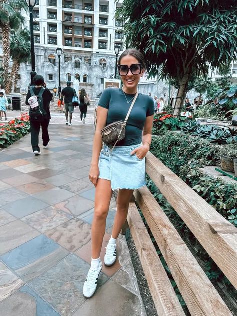 Outfit of the day in Dallas! Dallas outfit - skort - denim skort - skims - adidas sneakers #LTKstyletip#LTKFind#LTKSeasonal Skort Outfit Ideas, Dallas Outfit, Skort Denim, Texas Vacation, Jean Skort, Skort Outfit, Spring Texas, Louis Vuitton Collection, Denim Skort