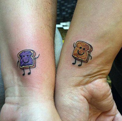 Peanut Butter & Jelly Friendship Tattoos Bff Tats, Small Wave Tattoo, J Tattoo, Tattoos Matching, Matching Friend Tattoos, Matching Best Friend Tattoos, Bestie Tattoo, 13 Tattoos, Tattoos Unique