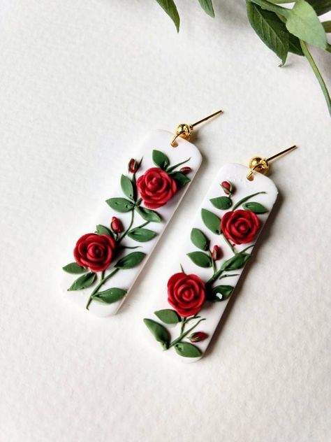 Polymore Clay Earrings, Valentine Clay Earrings, Floral Polymer Clay Earrings, Red Rose Earrings, Flower Clay, Valentine Earrings, Valentine Day Gift, Polymer Clay Flower Jewelry, Diy Earrings Polymer Clay