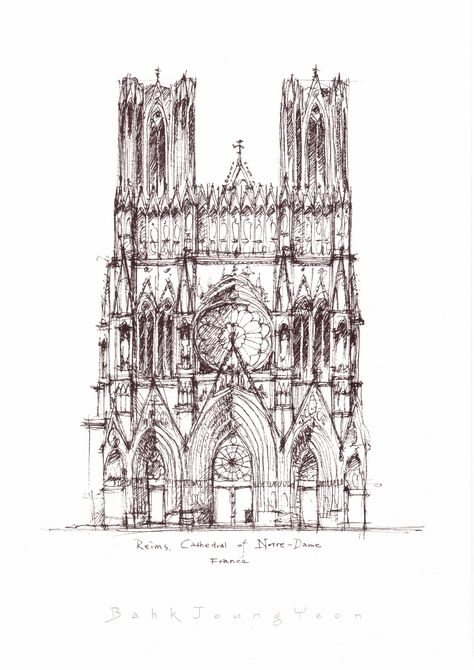 Cathedral Notre-Dame of Reims, France / sketch by Joungyeon, Bahk (Grid-A architecture) grid-a.net Reims Cathedral Drawing, France Sketch, Cyberpunk Drawing, Reims Cathedral, Buildings Art, Basic Sketching, Reims France, Drawing Help, Architectural Sketches