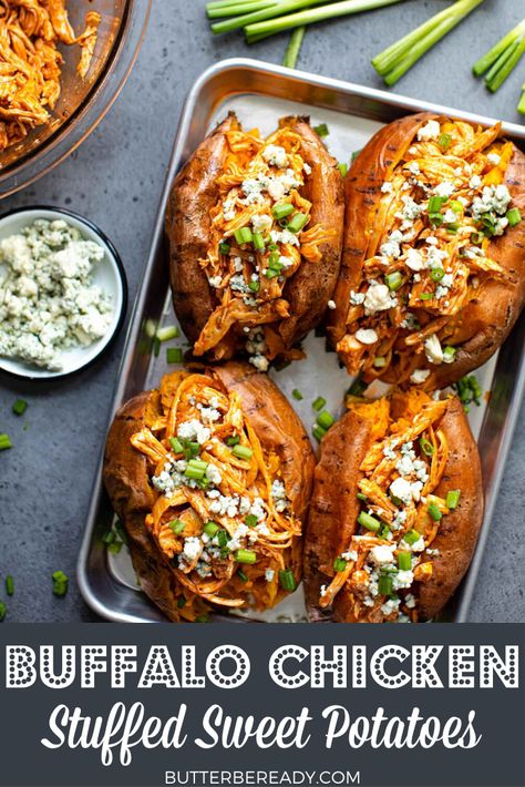 Buffalo Chicken Baked Sweet Potato, Buffalo Chicken Sweet Potato Boats, Buffalo Chicken Sweet Potato Casserole, Buffalo Chicken Dinner Ideas, Buffalo Chicken Sweet Potato, Chicken Stuffed Sweet Potato, Oven Baked Sweet Potatoes, Buffalo Chicken Stuffed Sweet Potatoes, Healthy Buffalo Chicken Dip