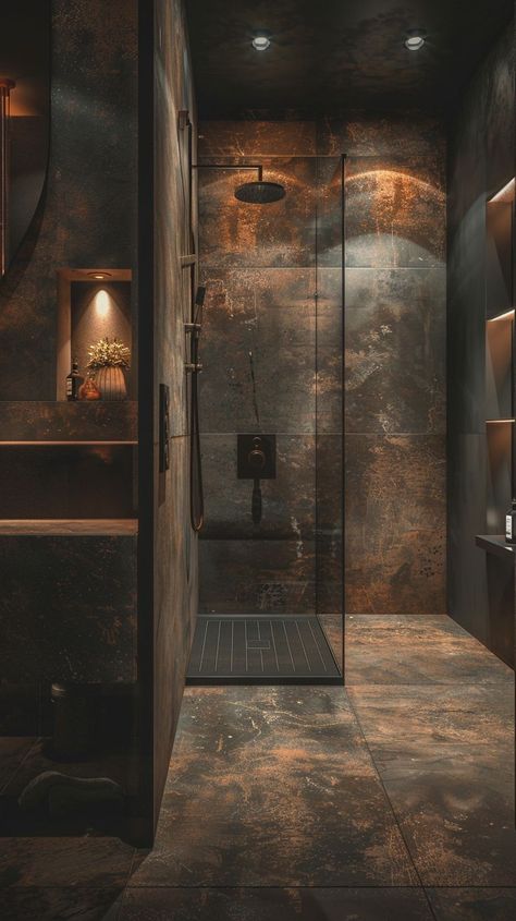 Bathroom Aesthetic Dark, Dark Stone Bathroom, Mountain House Design, Small Attic Bathroom, Guest Bathroom Renovation, Industrial Style Bathroom, Building House Plans Designs, Stone Bathroom, Interior Design Boards