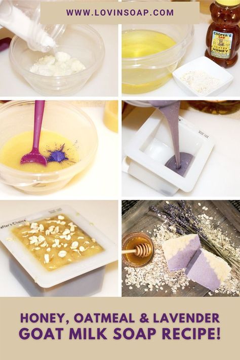 Making Goat Milk Soap, Honey And Lavender, Goat Milk Soap Recipe, Milk Soap Recipe, Milk Oatmeal, Natural Soaps Recipes, Goat Milk Recipes, Soap Studio, Layered Soap