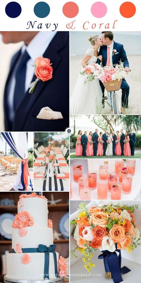 Beach Wedding Color Palette, Spring Reception, Navy Blue Wedding Cakes, Navy Blue Wedding Theme, Coral Wedding Colors, Wedding Cake Navy, Wedding Color Schemes Spring, Navy And Coral, Wedding Color Palettes